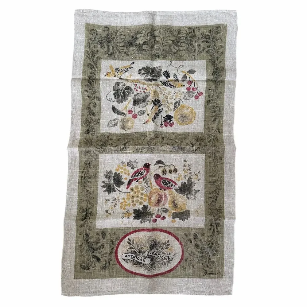 Vtg Kay Dee Linen Tea Towel Bonheur American Stenciling Hand Printed Birds Fruit